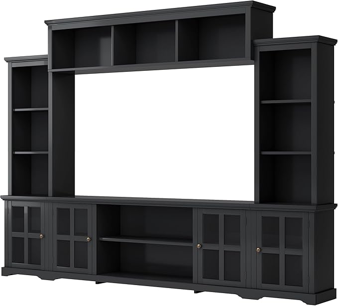 103Inch Entertainment Wall Unit with Bridge, Stand Media Console Table for TVs Up to 75" with Adjustable Shelves, Ample Storage Space for Living Room, Black - LeafyLoom