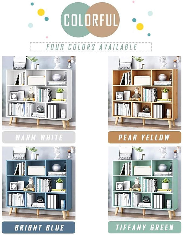IOTXY Wooden Open Shelf Bookcase - 3-Tier Floor Standing Display Cabinet Rack with Legs, 8 Cubes Bookshelf, Tiffany-Green - LeafyLoom
