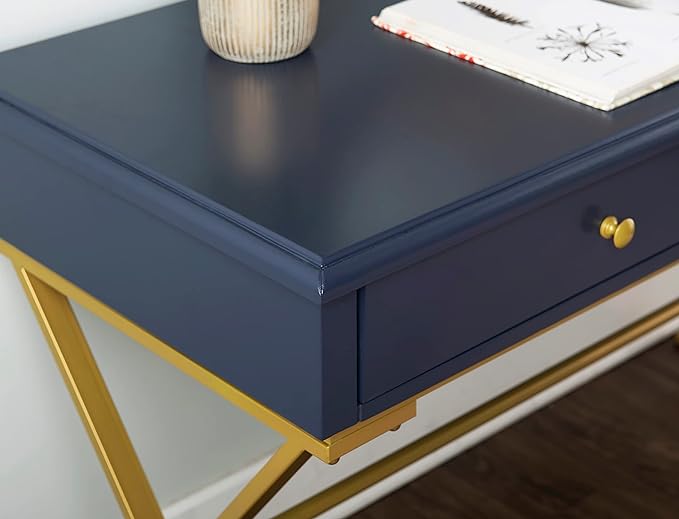 Linon Campaign Desk Navy with Gold Legs, Blue - LeafyLoom