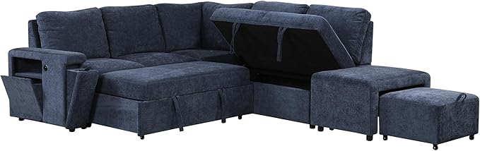 90.6'' L-shaped Modular Sectional Sofa with Storage Space, Ottoman and Pull-Out Bed, 6 Seat Upholstered Couch w/USB Ports & Cup Holders, for Living Rooms, Offices, Apartments, Blue, 90.6 Inch - LeafyLoom