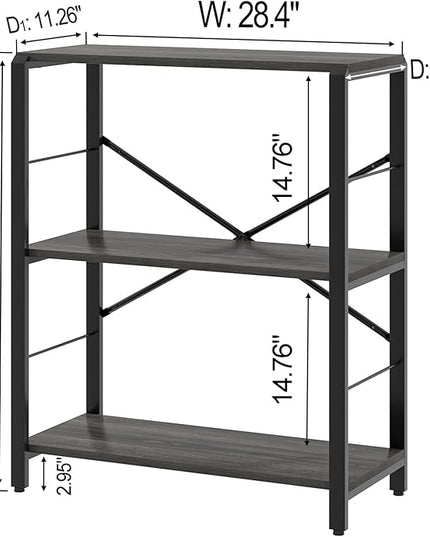 FOLUBAN Industrial Small Bookshelf, 3 Tier Low Short Book Shelf, Metal and Wood BookCase for Small Spaces, Bedroom Living Room, Dark Gray - LeafyLoom