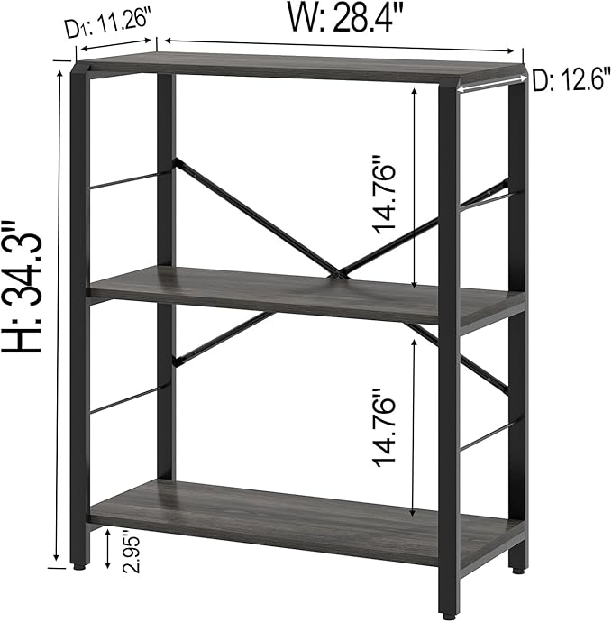 FOLUBAN Industrial Small Bookshelf, 3 Tier Low Short Book Shelf, Metal and Wood BookCase for Small Spaces, Bedroom Living Room, Dark Gray - LeafyLoom