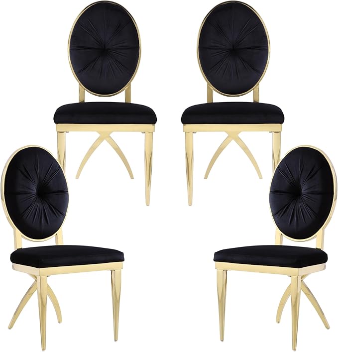 ACEDÉCOR Black and Gold Dining Chairs Set of 4, Black Velvet Upholstered Dining Chairs with Oval Back and Gold X Shaped Legs for Kitchen, Dining Room, Living Room,Department - LeafyLoom