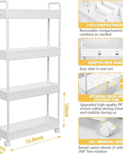 Arogan Slim Rolling Storage Cart with Wheels, 4 Tier Bathroom Storage Cart Laundry Room Organizer, Rolling Utility Cart for Kitchen, Bathroom, Laundry Room, Office, Narrow Place (White) - LeafyLoom