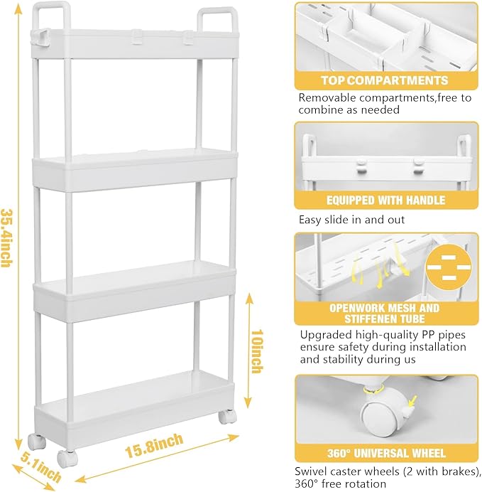 Arogan Slim Rolling Storage Cart with Wheels, 4 Tier Bathroom Storage Cart Laundry Room Organizer, Rolling Utility Cart for Kitchen, Bathroom, Laundry Room, Office, Narrow Place (White) - LeafyLoom