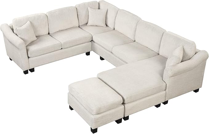 122.1" Modern U-Shape Sectional Sofa with Right Side Chaise & Removable Ottoman, Velvet Upholstered Couch w/ 3 Pillows, for Living Room, Apartment, 122.1 Inch, White - LeafyLoom