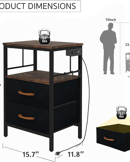 Nightstands set 2 for Bedroom Decor, Bedside Table with Charging Station, Night Stands with Fabric Drawers and Open Shelf, Side Table with USB Ports & Outlets (Rustic Brown,2) - LeafyLoom