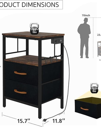 Nightstand with Charging Station, Side Table with Fabric Drawers and Open Shelf, Night Stand for Bedroom Decor, Bedside Table with USB Ports & Outlets (Rustic Brown,1) - LeafyLoom