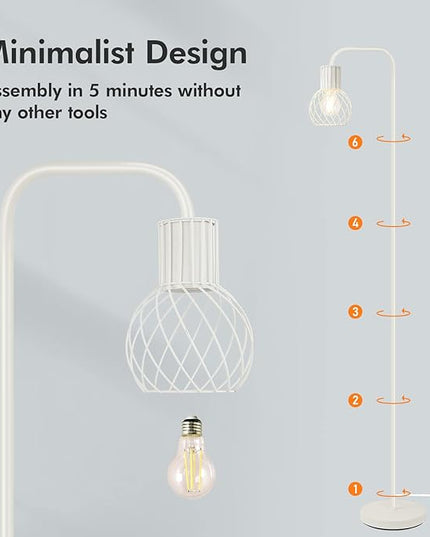 Industrial Floor Lamp, White Standing Lamp Modern with 6W LED Bulb, Foot Switch, Metal Tall Floor Lamps for Living Room, Bedroom, Office, Den, Vintage Stand Up Light, Minimalist Mid Century Pole Lamp - LeafyLoom