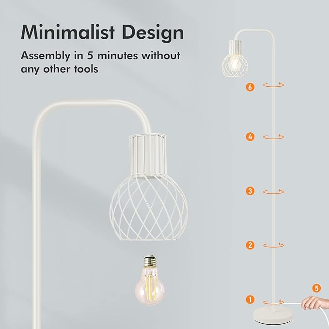 Industrial Floor Lamp, White Standing Lamp Modern with 6W LED Bulb, Foot Switch, Metal Tall Floor Lamps for Living Room, Bedroom, Office, Den, Vintage Stand Up Light, Minimalist Mid Century Pole Lamp - LeafyLoom