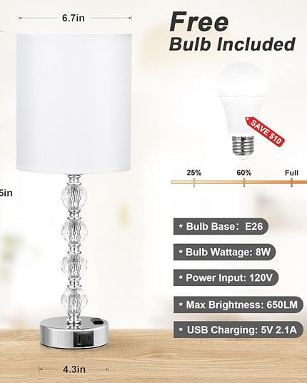 Acaxin Touch Bedside Crystal Lamps for Bedrooms Nightstand with USB C+A Charging Port and AC Outlet White, 3 Way Dimmable Silver Large End Side Table Lamp for Living/Guest/Dinning Room/Kitchen - LeafyLoom