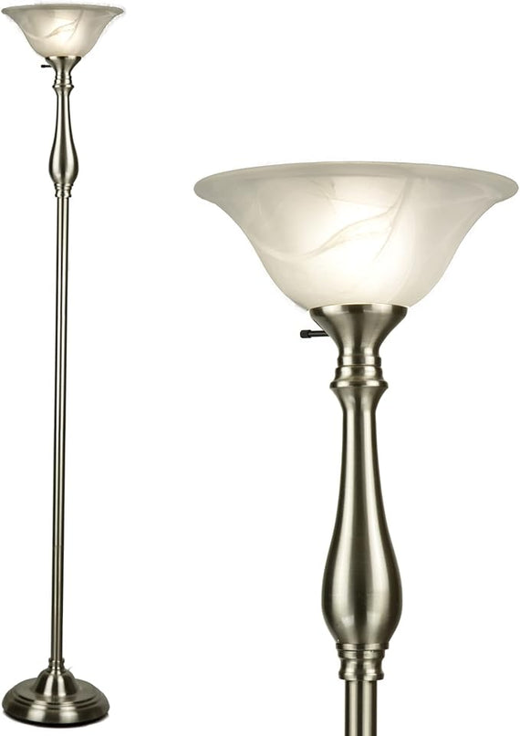 LIGHTACCENTS Floor Lamp, Standing Lamp 72-inch Tall Lamp Brushed Nickel White Alabaster Glass Shade - Torchiere, Pole Lamp, Corner Lamp, Floor Lamps for Living Room, Standing Lamps for Bedroom - LeafyLoom