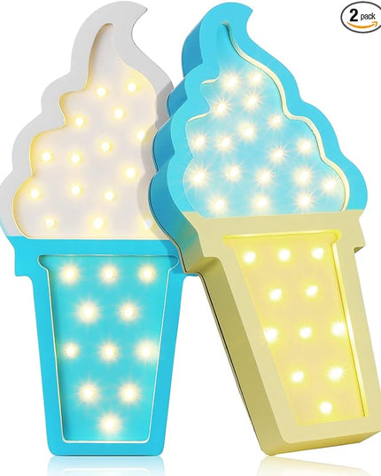 2 Pcs Ice Cream Valentine Romance Atmosphere Light Wooden Ice Cream LED Night Light Ice Cream Theme Valentine Romance Lamps Battery Operated LED Night Lights for Party (White-Blue, Blue-Yellow) - LeafyLoom