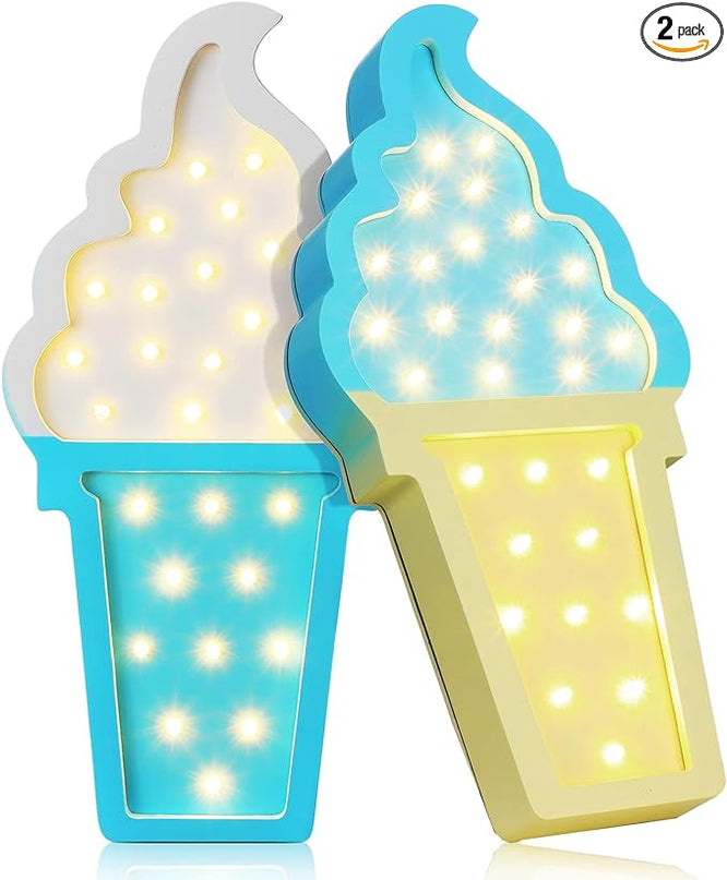 2 Pcs Ice Cream Valentine Romance Atmosphere Light Wooden Ice Cream LED Night Light Ice Cream Theme Valentine Romance Lamps Battery Operated LED Night Lights for Party (White-Blue, Blue-Yellow) - LeafyLoom