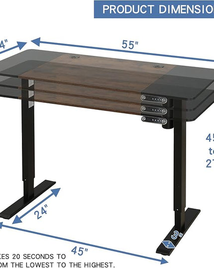 Adjustable Height Electric Standing Desk, 55 x 24 Inch Sit Stand Computer Desk with Lockable Casters, Stand Up Desk Table for Home Office, Black Frame/Rustic Brown + Black Top - LeafyLoom