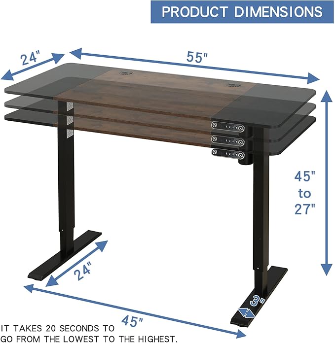 Adjustable Height Electric Standing Desk, 55 x 24 Inch Sit Stand Computer Desk with Lockable Casters, Stand Up Desk Table for Home Office, Black Frame/Rustic Brown + Black Top - LeafyLoom