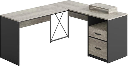 Bestier L Shaped Desk with Drawers, 55 inch Office L Desk with Reversible File Drawer, Industrial Wood Computer Desk with Monitor Stand (Retro Grey Oak Light) - LeafyLoom