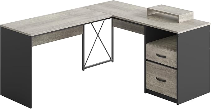 Bestier L Shaped Desk with Drawers, 55 inch Office L Desk with Reversible File Drawer, Industrial Wood Computer Desk with Monitor Stand (Retro Grey Oak Light) - LeafyLoom