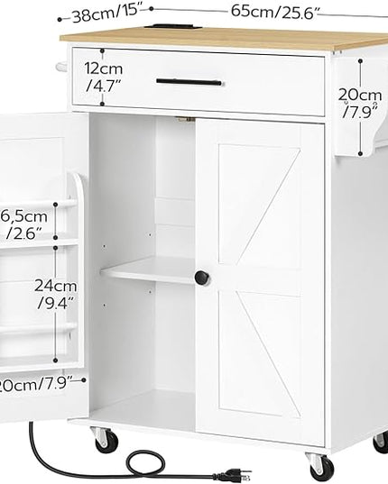 HOOBRO Kitchen Island with Power Outlet, Kitchen Storage Island with Large Worktop, Spice Rack and Drawer, Rolling Kitchen Cart on Wheels, for Kitchen and Dining Room, White and Natural WN88UZD01 - LeafyLoom