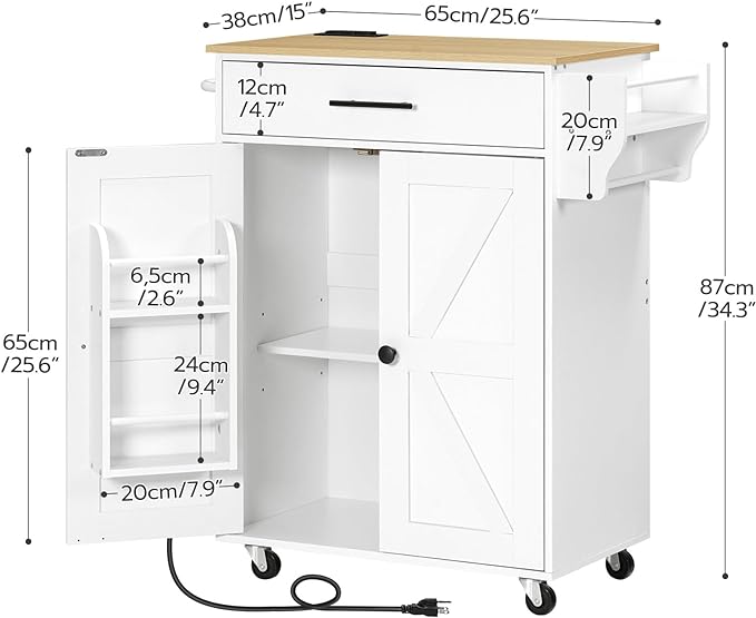 HOOBRO Kitchen Island with Power Outlet, Kitchen Storage Island with Large Worktop, Spice Rack and Drawer, Rolling Kitchen Cart on Wheels, for Kitchen and Dining Room, White and Natural WN88UZD01 - LeafyLoom