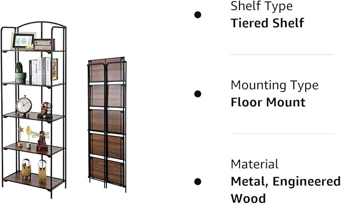 No Assembly Folding Bookshelf, 5 Tier Black Bookshelf, Metal Book Shelf for Storage, Folding Bookcase for Office Organization and Storage, 12.87" D x 22.91" W x 68.1" H - LeafyLoom