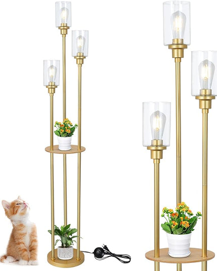 HMVPL Floor Lamps for Living Room, Gold Floor Lamp with Shelves, 3-Lights Modern Brass Standing Lamp with Glass Shades, On/Off Foot Switch, Mid Century Tall Lamp for Bedroom Corner Office(66") - LeafyLoom