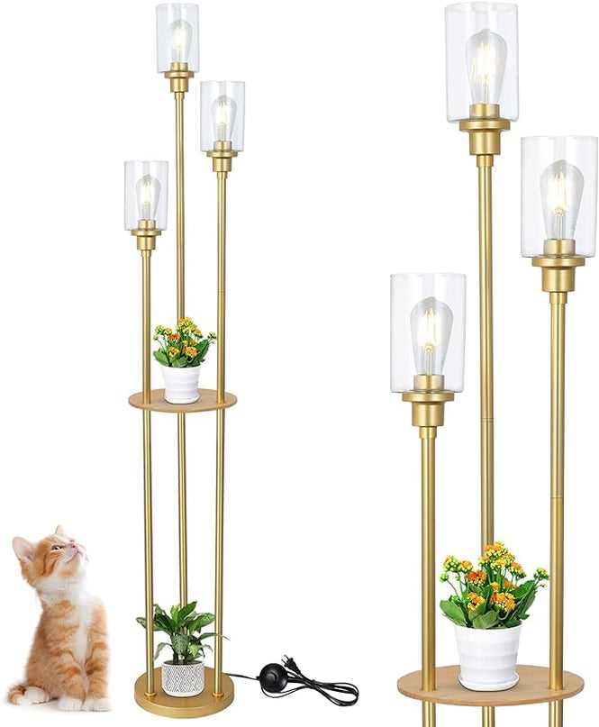 HMVPL Floor Lamps for Living Room, Gold Floor Lamp with Shelves, 3-Lights Modern Brass Standing Lamp with Glass Shades, On/Off Foot Switch, Mid Century Tall Lamp for Bedroom Corner Office(66") - LeafyLoom