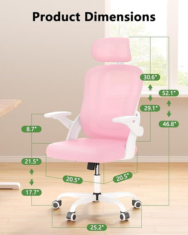 Ergonomic Mesh Office Chair, High Back Home Desk Chair with Flip-up 3D Armrests, Lumbar Support, Adjustable Headrest, Swivel Computer Task Chair for Home, Office, Work, Student, Pink - LeafyLoom