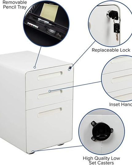 Flash Furniture Wren Ergonomic 3-Drawer Mobile Locking Filing Cabinet with Anti-Tilt Mechanism and Hanging Drawer for Legal & Letter Files, White - LeafyLoom