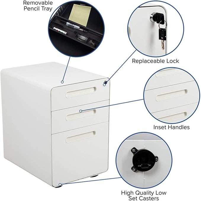 Flash Furniture Wren Ergonomic 3-Drawer Mobile Locking Filing Cabinet with Anti-Tilt Mechanism and Hanging Drawer for Legal & Letter Files, White - LeafyLoom