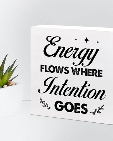 Energy Flows Where Intention Goes Wood Block Sign Desk Decor,Inspirational Wooden Box Plaque Sign Desk Decor for Home Office Cubicle Shelf Table Decor Decorations - LeafyLoom