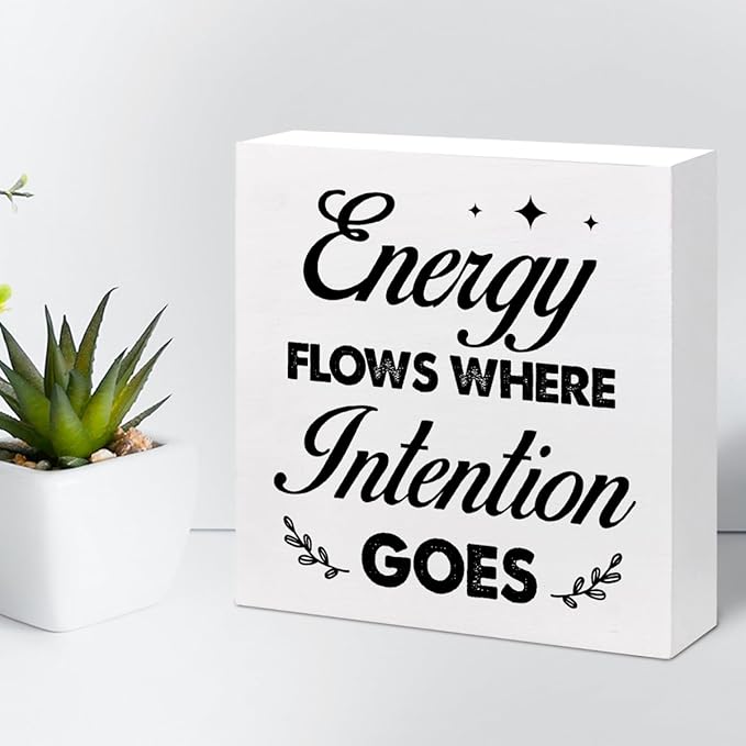 Energy Flows Where Intention Goes Wood Block Sign Desk Decor,Inspirational Wooden Box Plaque Sign Desk Decor for Home Office Cubicle Shelf Table Decor Decorations - LeafyLoom