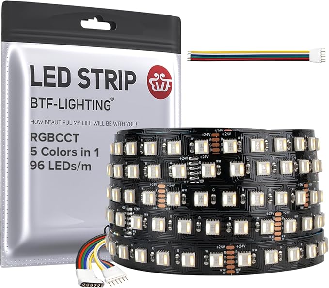BTF-LIGHTING RGBCCT 5 Colors in 1 LED Tape Lights 5050SMD RGBWW RGB+Dimmable Color Temperature 2700K-6500K 16.4ft 96LED/m 480LED IP30 DC24V Black PCB for Home Decoration(No Adapter or Controller) BTF-LIGHTING