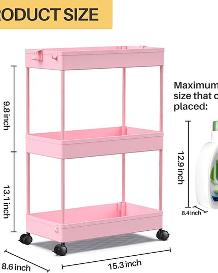 SPACEKEEPER Rolling Storage Cart 3 Tier, Bathroom Cart Organizer Laundry Room Organizer Utility Cart Mobile Shelving Unit Multi-Functional Shelves for Office, Kitchen, Bathroom, Pink - LeafyLoom