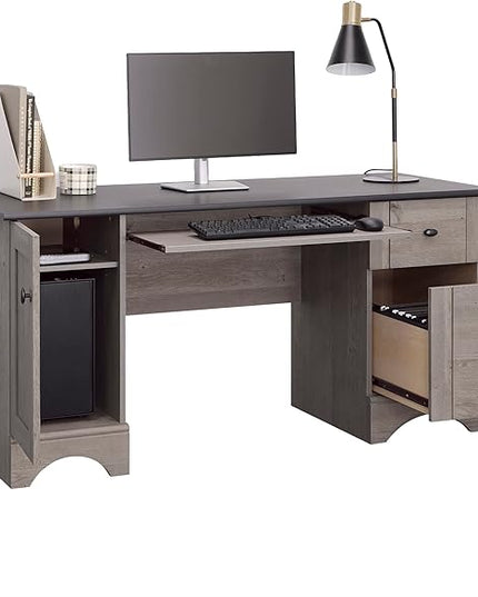 Sauder Miscellaneous Office Computer Desk with Drawers, L: 59.45" x W: 23.47" x H: 29.02", Mystic Oak finish - LeafyLoom