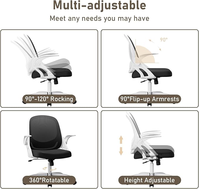 Home Office Chair Work Desk Chair Comfort Ergonomic Swivel Computer Chair, Breathable Mesh Desk Chair, Lumbar Support Task Chair with Wheels and Flip-up Arms and Adjustable Height - LeafyLoom
