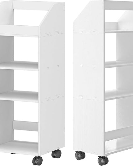 4-Tier Mobile Bookshelf, White Bookcase with Wheels, Rolling File Holder Desk File Book Organizer for Home Office Living Room School - LeafyLoom