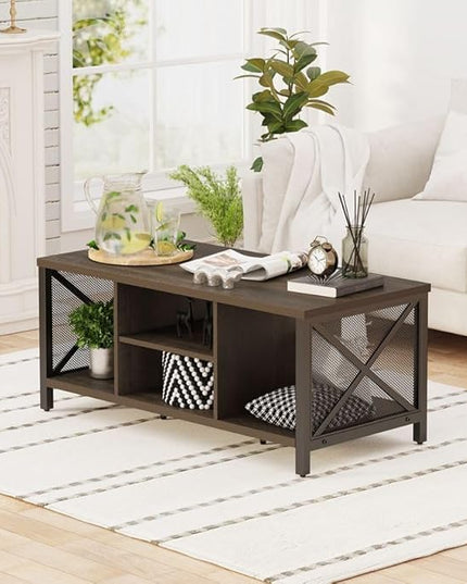 FATORRI Rustic Coffee Table for Living Room, Farmhouse Dark Wood Center Table, Industrial Rectangle Cocktail Tea Tables (Walnut Brown) - LeafyLoom