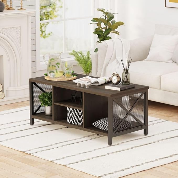FATORRI Rustic Coffee Table for Living Room, Farmhouse Dark Wood Center Table, Industrial Rectangle Cocktail Tea Tables (Walnut Brown) - LeafyLoom