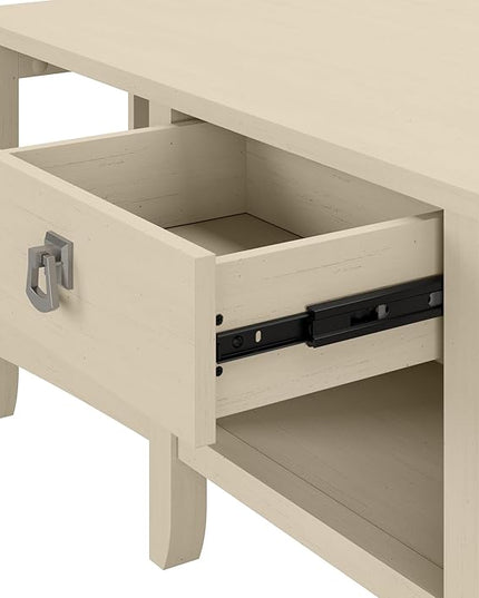 Bush Furniture Salinas L Shaped Desk with Storage in Antique White | Modern Farmhouse Corner Table with Drawers and Cabinets for Home Office - LeafyLoom