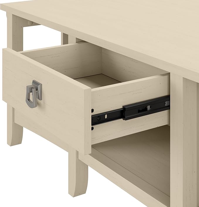 Bush Furniture Salinas L Shaped Desk with Storage in Antique White | Modern Farmhouse Corner Table with Drawers and Cabinets for Home Office - LeafyLoom