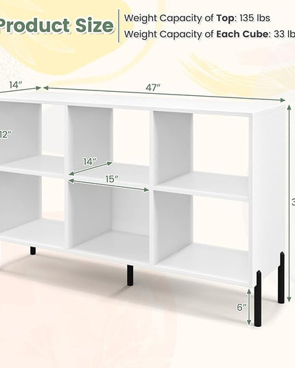 LOKO 6 Cube Bookcase, 3-Tier Floor Open Bookshelf with 5 Metal Legs, Cube Storage Organizer with Adjustable Shelves, Modern Display Shelving for Living Room, Study, Bedroom, Office (white) - LeafyLoom
