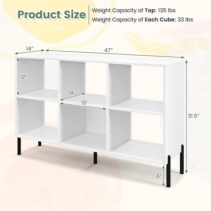 LOKO 6 Cube Bookcase, 3-Tier Floor Open Bookshelf with 5 Metal Legs, Cube Storage Organizer with Adjustable Shelves, Modern Display Shelving for Living Room, Study, Bedroom, Office (white) - LeafyLoom