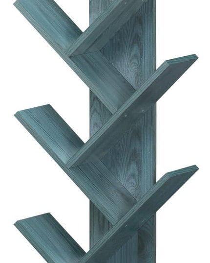 8 Tier Tree Bookshelf with Drawer, Free Standing Wood Bookcase for Narrow Space, Storage Organizer Bookshelves for Books, Book Case for Home Office, Living Room, Bedroom, Navy Blue - LeafyLoom