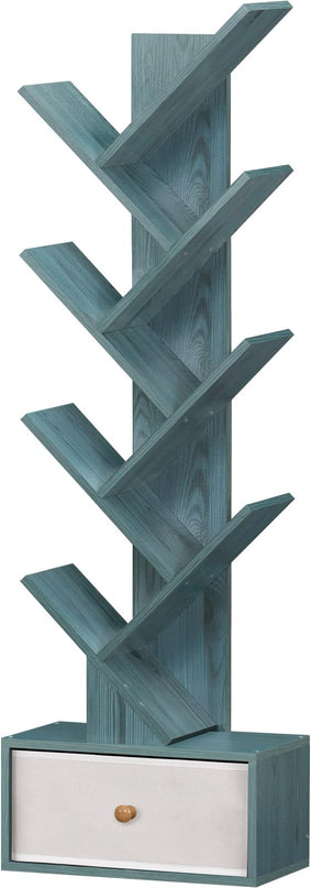 8 Tier Tree Bookshelf with Drawer, Free Standing Wood Bookcase for Narrow Space, Storage Organizer Bookshelves for Books, Book Case for Home Office, Living Room, Bedroom, Navy Blue - LeafyLoom