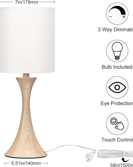 Bedside Touch Lamp, 3 Way Dimmable Touch Control Table Lamp, Wood Grain Farmhouse Table Lamp, Modern Nightstand Lamp with White Shade for Bedroom, Dorm, Office, 3000K LED Bulb Included - LeafyLoom