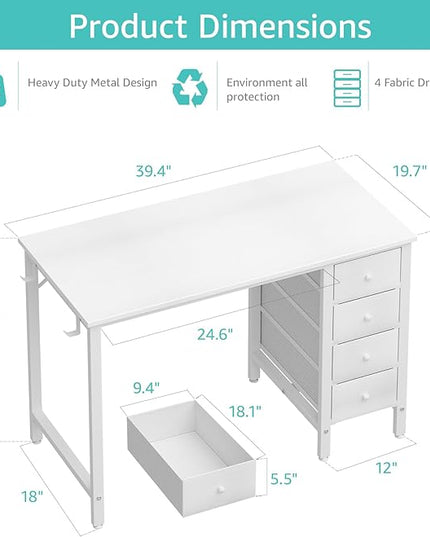 Lufeiya Small White Desk with Drawers - 40 Inch Kids Girls Teen Cute Study Desk for Bedroom Work, Computer Writing Table Desks with Fabric Drawer for Small Spaces Home Office - LeafyLoom