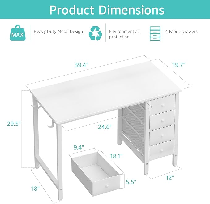 Lufeiya Small White Desk with Drawers - 40 Inch Kids Girls Teen Cute Study Desk for Bedroom Work, Computer Writing Table Desks with Fabric Drawer for Small Spaces Home Office - LeafyLoom