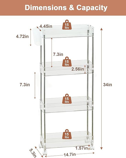VECELO Acrylic 4-Tier Rolling Storage Cart,Multifunction Slim Utility Clear Cart Kitchen Storage Organizer,Mobile Cart with Lockable Wheels Hooks&Bucket for Home Office,Clear - LeafyLoom