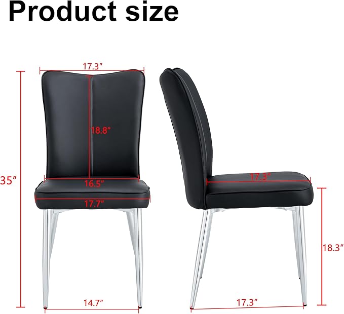 Modern Dining Chairs Set of 2, PU Leather Seat Cushions Black Dining Room Chair, with Silver Metal Legs Kitchen Chair for Home Living Room, Restaurant, Black Chair Silver Legs - LeafyLoom